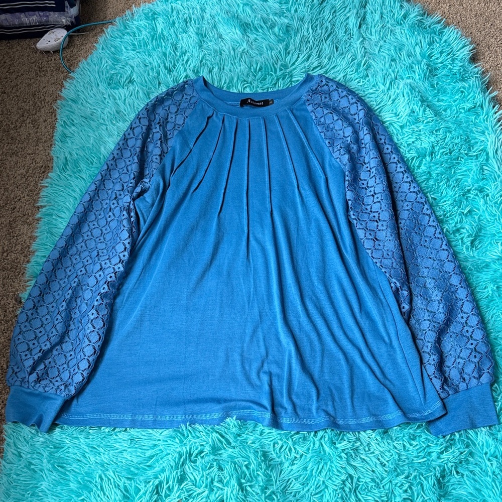 Catherines Vibrant Blue Blouse with Lace Sleeves